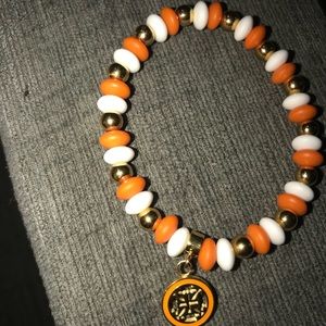 rustic cuff orange white and gold beaded bracelet